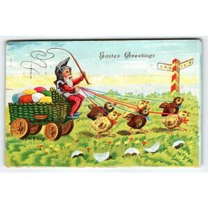 Easter Postcard Fantasy Dwarf Rides Cart Pulled By Baby Chicks Gnome Whip German